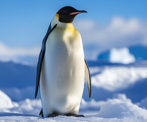 Fototapeta premium A majestic Emperor penguin stands gracefully on an ice floe in Antarctica, surrounded by stunning icy landscapes under a clear blue sky.