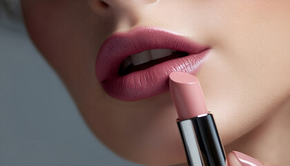 Beauty Fashion woman lips with natural Makeup and beige Nail polish. Matte lipstick and nails. Beauty girl face close up. Nude Colors. Sexy lips, Manicure, Make up