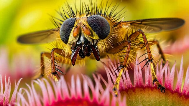 Close-up view of a hoverfly resting on a vibrant flowering plant in a garden during sunny weather