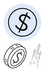 Dollar coin flat icon and bold dollar sign above light circle with multiple upward arrows. Ideal for finance, investments, economy, success, growth, wealth, business, abstract line flat metaphor