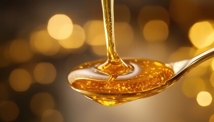 Pouring Golden Honey Onto A Spoon - An Aesthetic And Delicious Process Of Drizzling Pure Honey Onto A Shiny Spoon.