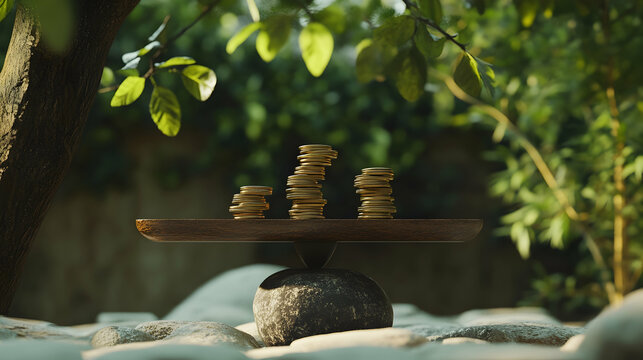 Business risk and reward concept with stacked coins balancing on a seesaw