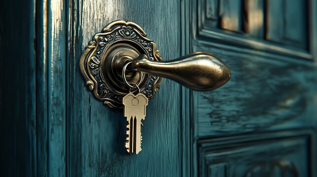 Open the door and door handle with a key and a keychain shaped house. Property investment and house mortgage financial real estate concept Open the door and door handle with a key and a keychain 