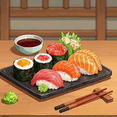 A beautifully arranged plate of sushi and sashimi