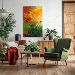 Vivid art over tabletop amid retro living room's flora and heritage seat
