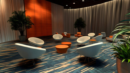 Conference breakout session area with small seating clusters, designed for discussions and networking