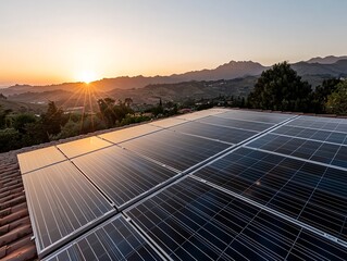 Jet-black solar panels on a house reflect the sunset against a mountain backdrop