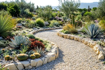 Serene Garden Pathway: A winding stone-lined pathway meanders through a vibrant garden filled with diverse succulents, cacti, and lush desert plants.