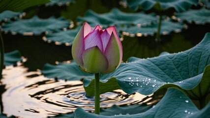 Close-up video shot of a blooming lotus flower with pink petals, surrounded by large green leaves, capturing morning dew and serene water reflections. - Powered by Adobe