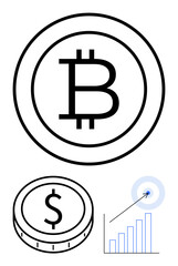Bitcoin and dollar coins displayed with financial bar graph hitting a target. Ideal for cryptocurrency, finance, investment, data analysis, digital payment, success strategy, abstract line flat