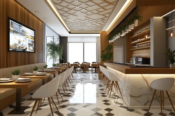 Modern restaurant interior with bar, tables, and chairs.