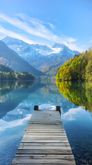 Fototapeta premium Tranquil Mountain Lake With Wooden Dock, Reflecting Snow-Capped Peaks and Autumn Foliage in Serene Landscape