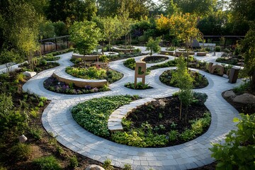 Zen Garden Serenity: An aerial perspective captures the intricate layout of a meticulously landscaped zen garden, featuring winding pathways, lush greenery, and tranquil seating areas.