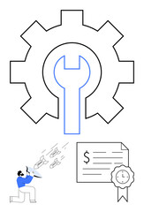Gear with wrench signifies technical support businessman solving challenges certificate for achievement or contract. Ideal for business strategy, technical aid, problem-solving, success, innovation