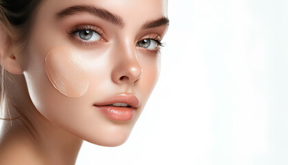 Fototapeta premium Skin tone cream lines on woman face. Beautiful woman portrait beauty skin healthy and perfect makeup