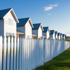 Obraz premium Row of houses behind white picket fence in neighborhood