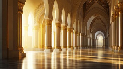 Golden Light Streaming Through Majestic Arched Hallway Interior
