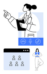 Doctor with stethoscope and clipboard, video call interface, yoga pose for balance. Ideal for health, telehealth, virtual communication, healthcare services, online meetings, mental wellness