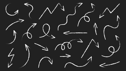 Set of arrows in chalk or crayon style. Decorative white hand drawn arrow on black background. Doodle vector illustration.