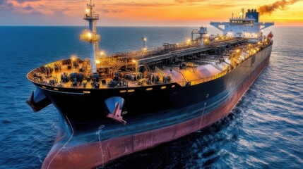 Majestic Oil Tanker Sailing at Sunset Over Calm Ocean Waters
