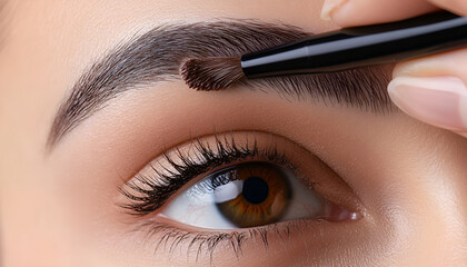 Naklejka premium Makeup artist combs eyebrows with a brush after dyeing in a beauty salon. Professional makeup and cosmetology skin care.