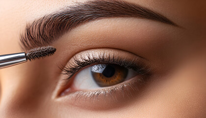Makeup artist combs eyebrows with a brush after dyeing in a beauty salon. Professional makeup and cosmetology skin care.