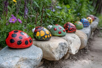 Playful Painted Rocks: Charming painted rocks, resembling colorful ladybugs, adorn a stone wall in a vibrant garden setting, creating a whimsical and artistic display.