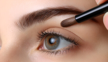 Makeup artist combs eyebrows with a brush after dyeing in a beauty salon. Professional makeup and cosmetology skin care.