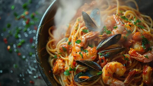 An overhead view of a hot plate of spaghetti with large shrimp and mussels perfectly cooked pasta served with juicy flavorful pieces of seafood and a rich marinara sauce on a restaurant table. 