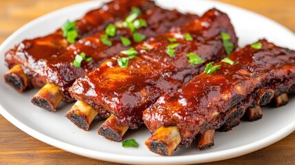 Delicious barbecue ribs glazed with rich sauce, garnished with fresh herbs on a plate.