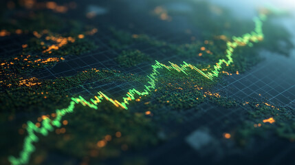 A glowing green financial stock market chart over a digital world map, representing global economic growth, investments, and financial analytics