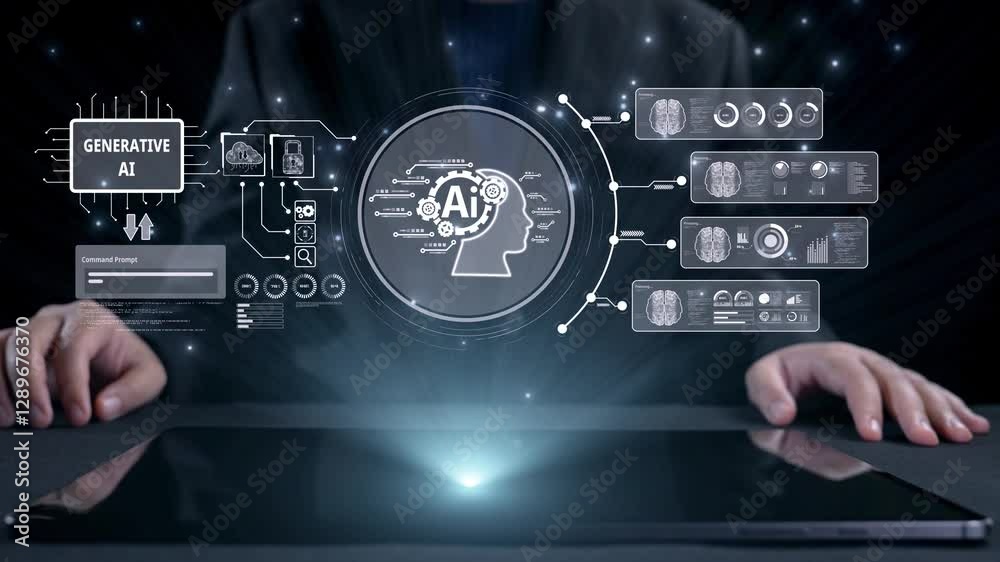 Poster human interact with ai artificial intelligence brain processor in concept of ai artificial intellige