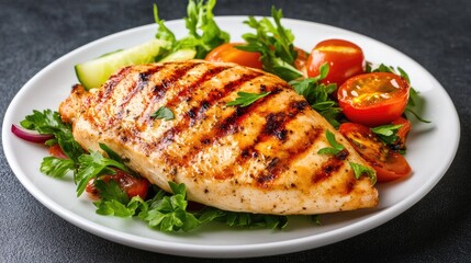 Delicious grilled salmon served with fresh vegetables on a white plate.