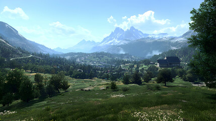 Obraz premium Picturesque Mountain Valley Landscape with Lush Green Meadows and Snow Capped Peaks