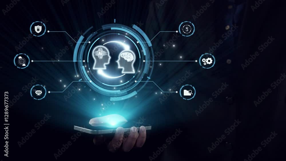 Poster human interact with ai artificial intelligence brain processor in concept of ai artificial intellige