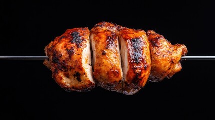 Juicy grilled chicken skewers, perfectly seasoned and cooked to perfection, on a black background.