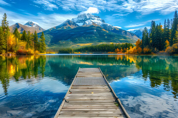 Tranquil Mountain Lake With Wooden Dock, Reflecting Snow-Capped Peaks and Autumn Foliage in Serene Landscape