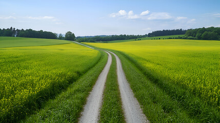 Gravel Road Through a Field of Yellow Flowers