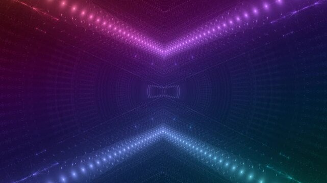 energievoll leuchtende Lichtpunkte bewegen sich langsam Richtung Zentrum, digitaler Datentransfer, Algorithmus, Internet, Datenfluss, Geschwindigkeit, Wandel, Austausch, violett, lila
