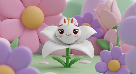 Fototapeta premium Cute animated flower character smiling amidst colorful flowers in a whimsical garden setting