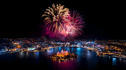 Vibrant Fireworks Display Over Illuminated City at Night