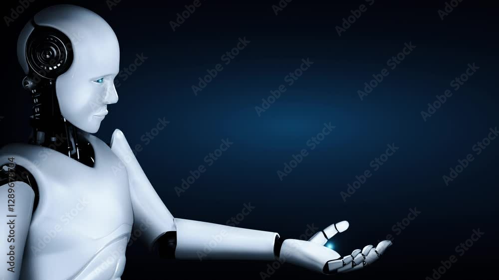 Poster ai hominoid robot holding virtual hologram screen showing concept of ai brain and artificial intelli