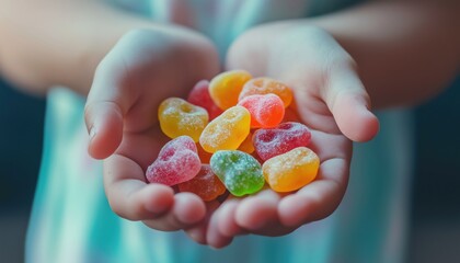 Selective Focus On Child Holding Candy Jelly In Hand, Emphasizing The Sweetness Of The Sugar Feast. Candy Held Delicately By Kid.