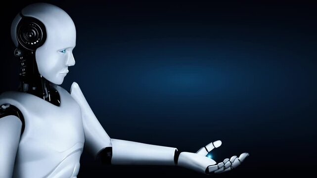 AI hominoid robot holding virtual hologram screen showing concept of AI brain and artificial intelligence thinking by machine learning process. 3D rendering.