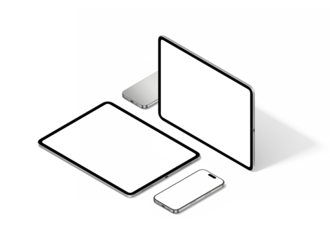 Responsive Device Mockup Including Smartphones and Tablet | Blank Display | Transparent Background | White Titanium and Silver Color