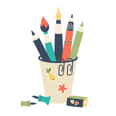 School equipment. Hand drawn Doodle  School elements, stationery subjects, Office supplies. Pencils, pen, brush, sharpener, paperclip in paper cups with stickers. Vector flat illustration