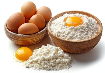 Fresh eggs and flour arranged in decorative wooden bowls for baking preparation and cooking on a clean white background