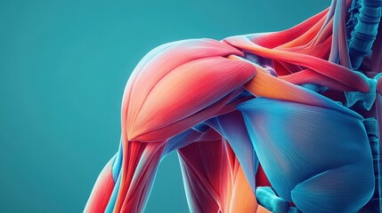 3D illustration of the human shoulder joint with muscles and ligaments, Human Body Anatomy, shoulder anatomy study.