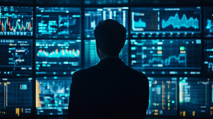 ヘッジファンドのオフィスで複数のモニターを駆使して市場分析を行うプロ投資家のシルエット