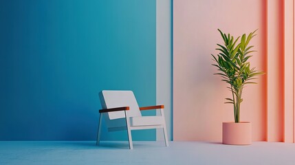 An empty chair and plant inside a minimalist designed room